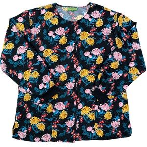Green Town Warm Up Black Floral Women's Scrub Jacket Size Large